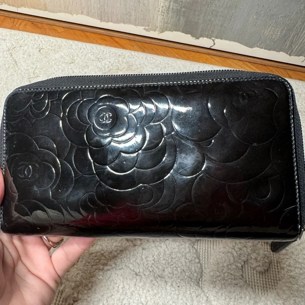 Authentic Chanel Camelia patent leather‎ zip around wallet long